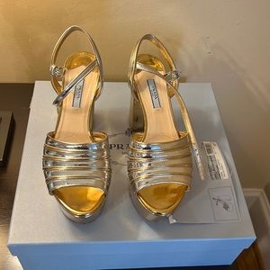 Metallic platform prada sandals size 38